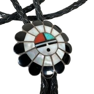 Zuni Sunface Bolo Tie Native American Sterling Silver Turquoise Western Cowboy